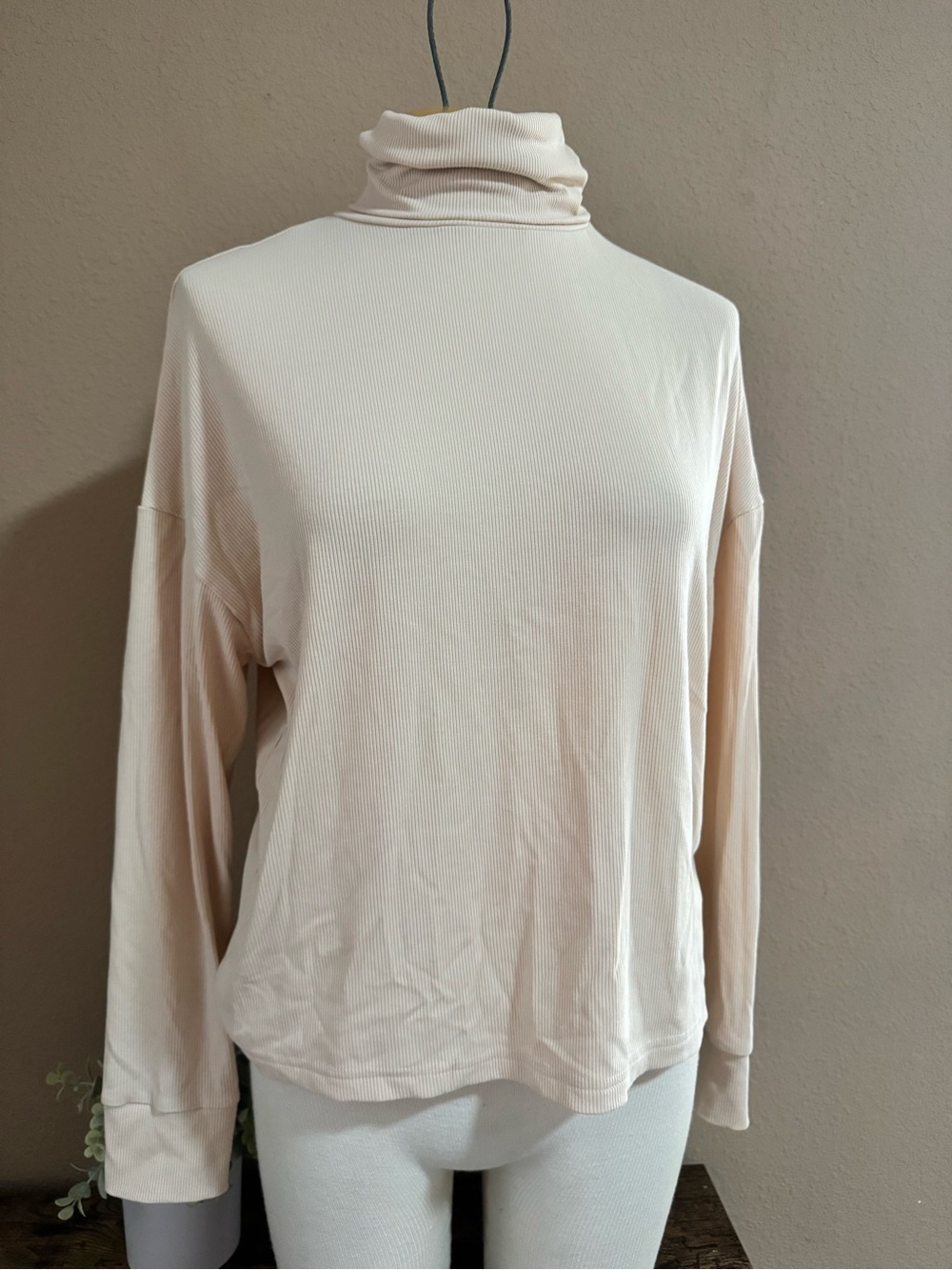 Forever 21 Cream Ribbed Turtleneck Long-Sleeve Top